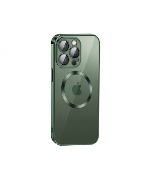 Husa iPhone 13 Pro, Premium MagSafe Electro, Spate Transparent, Rama Verde